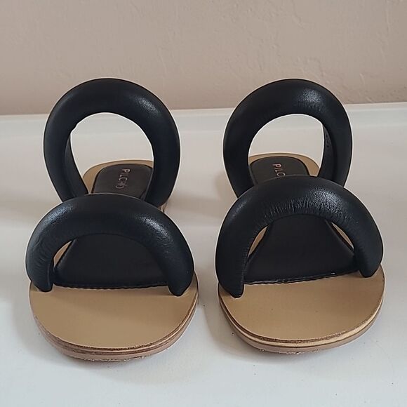 Anthropologie Pilcro Double Puff Strap Black Leather Slide Sandals Size 6 - Picture 3 of 14